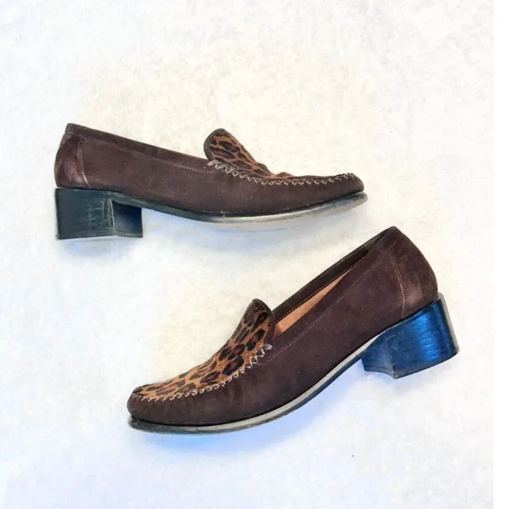 STUART WEITZMAN Brown Suede Animal Leopard Calf Hair Square Toe Loafers - Picture 2 of 9